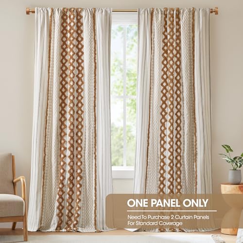Image of Ink+Ivy Boho Curtains for Bedroom Single Panel Window Curtains for Living Room, 100% Cotton Tufted Chenille Stripe Modern Farmhouse Curtains Light Filtering Drapes for Bedroom, 50 inch x 95 inch, Terracotta
