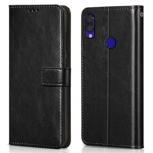 Image of WOW IMAGINE Shock Proof Flip Cover Back Case Cover for Xiaomi Mi Redmi Note 7 | 7 Pro | 7S (Flexible | Leather Finish | Card Pockets Wallet & Stand | Black)