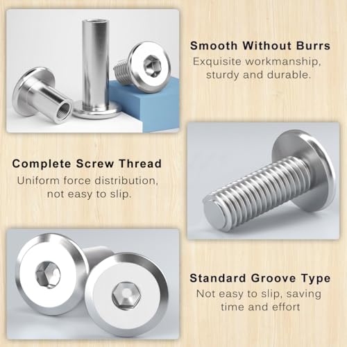Drenky Connecting Screws M4 Stainless Steel Screws Sleeve Nuts 10 Sets Barrel Nuts Kit M4 X 20mm Hexagon Furniture Bolts Flat Hex Bolt for Bed Door - Image 3