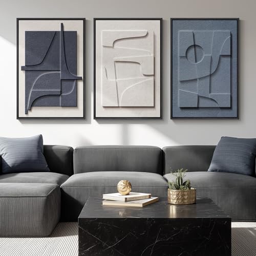 Large 3D Textured Framed Blue and White Abstract Wall Art,