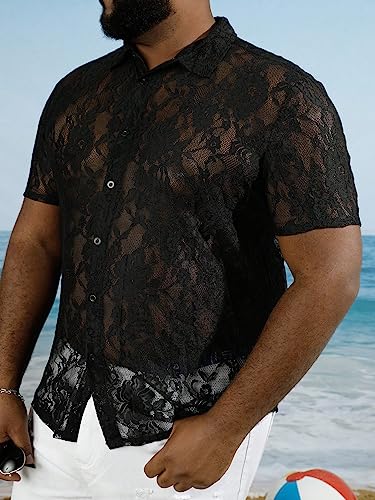 WDIRARA Men's Floral Lace Shirt Contrast Mesh Button Down Shirt Short Sleeve Blouse4