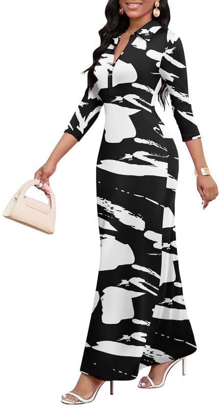 Maxi Dresses for Women Casual V Neck 3/4 Sleeve Bodycon Long Party Holiday Dress Semi Formal Outfits