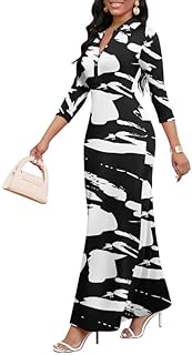 Maxi Dresses for Women Casual V Neck 3/4 Sleeve Bodycon Long Party Holiday Dress Semi Formal Outfits