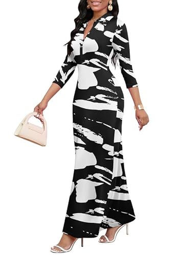 MarryUP Women's Print Bodycon Maxi Dress V Neck 3/4 Sleeve