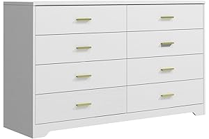 White and Gold 8 Drawer Wood Dresser