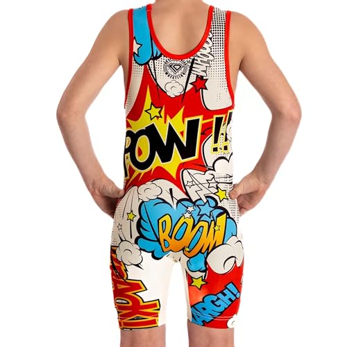 KO Sports Gear Unisex Wrestling Singlet for Youth Wrestlers - Wrestling Singlet for Boys & Girls - Bold Durable Uniform, Stretchy Breathable Material - Glow in the Dark Comic Book, Youth Small