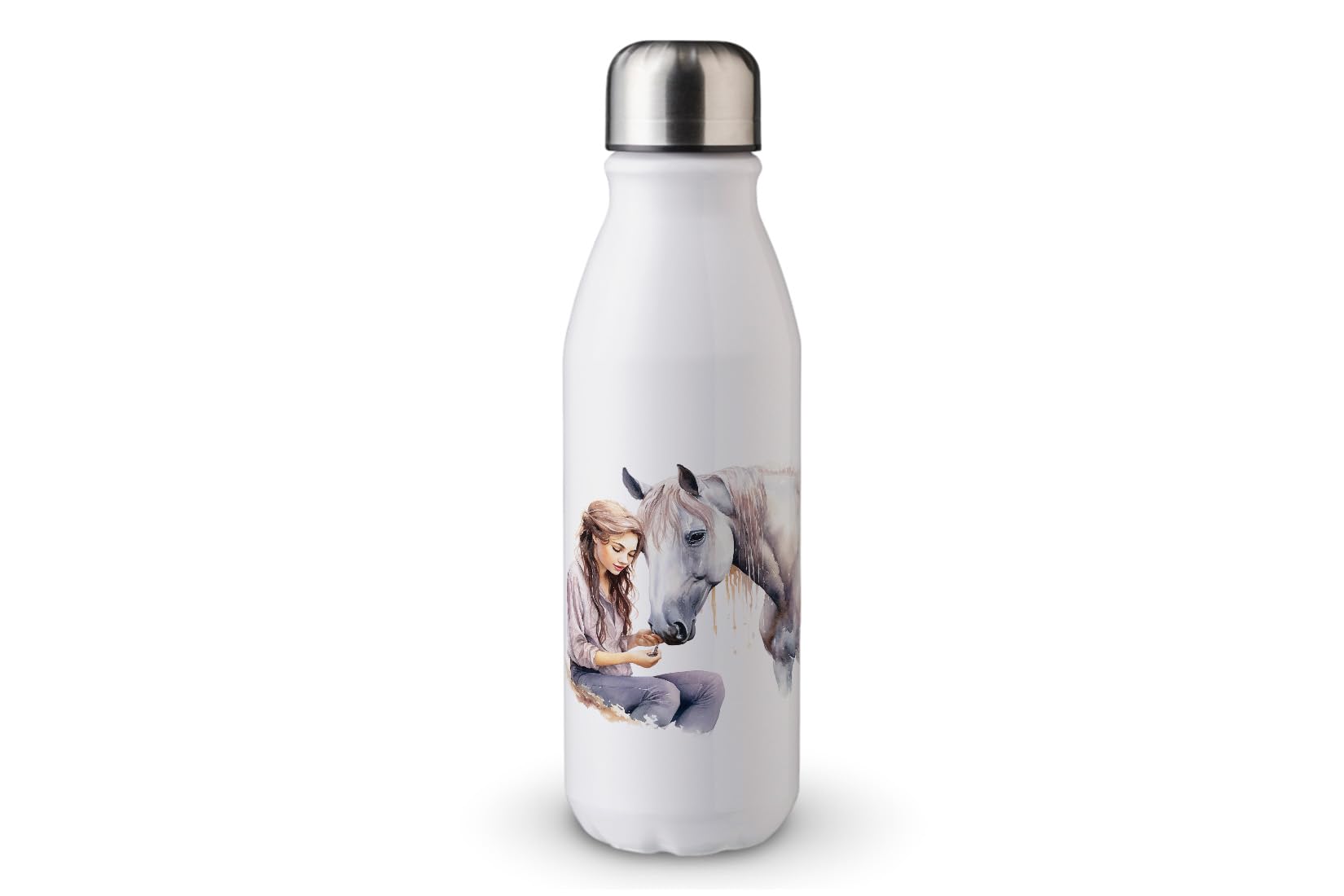 MAXIKIWI - Single Wall Water Drinking Bottle with Screw Cap, Non Insulated Lightweight Aluminium, BPA Free, Leak-Proof - White Girl Petting Horse watercolor - 500ml