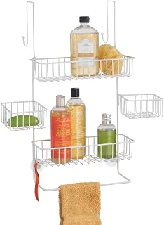 mDesign Steel Over The Door Shower Caddy - Hanging Shower Organizer Rack w/ 4 Baskets, 2 Hooks - in-Shower Hanging Caddy for Bathroom - Over Door Shower Caddy Hanger - Klypon Collection - Matte White