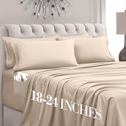 Image of Mocassi Luxury 4-Piece Sheet Set, Ultra Soft 1800 Premium Hotel Quality Microfiber Sheet Set, Fits Mattresses Up to 18 to 24 Inches Extra Deep Pocket - Breathable and Secure Fit, Twin XL, Cream
