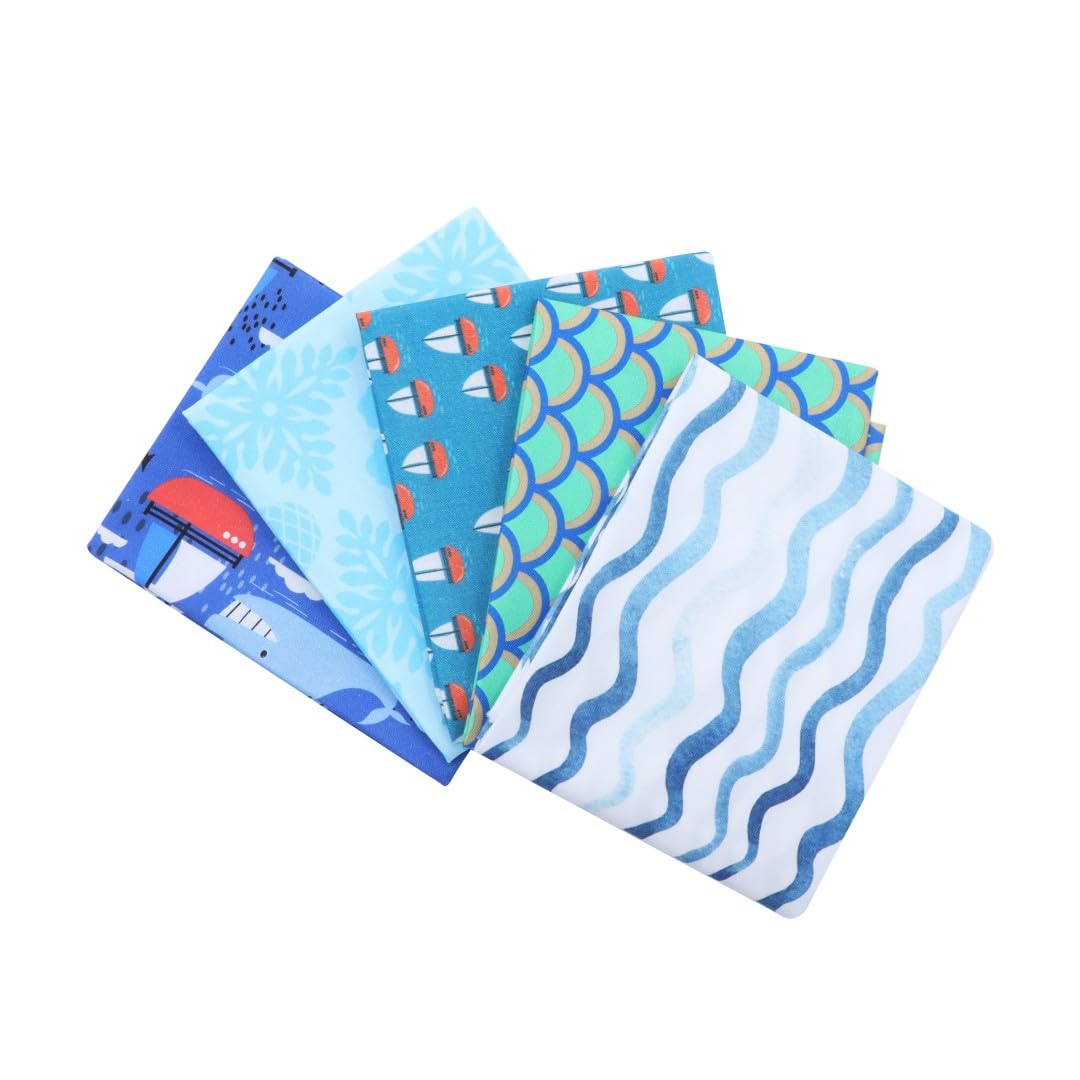 Craftsfabrics Ocean Life Nautical & Ocean Patterns Printed Fat Quarters Bundle Of 5 Fabrics (45Cmx55cm) 100% Cotton Fabric For Crafts, Patchwork,Quilting And Dressmaking