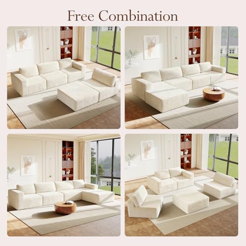Image of Vesgantti 159 inch Large Modular Sectional Sofa, L-Shaped Corduroy Cloud Couch with Deep Seats & Spring Support, 4-Seater Boneless Sofa with Movable Ottoman, No Assembly Needed, Beige