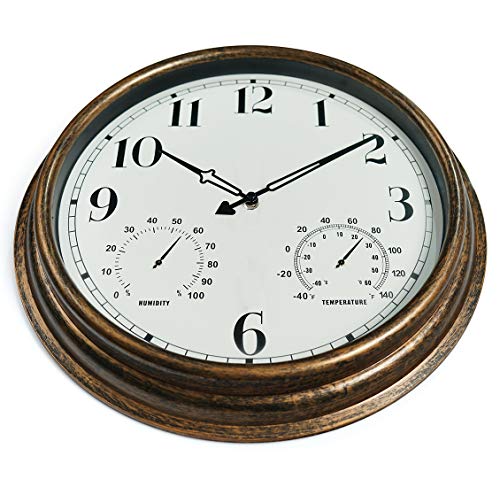 Rsobl 16 Inch Large Indoor Outdoor Wall Clock,Waterproof Non-Ticking Clock With Thermometer And Hygrometer Combo,Battery Operated Clock Wall Decorative-Bronze #TOP7