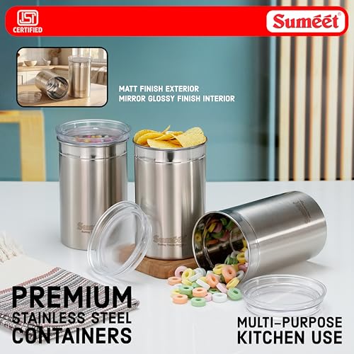 Image of Sumeet ISI Certified Stainless Steel Big Canisters /Dabba /Storage Containers for Kitchen with See Through Air Tight Lid - Set of 3 Pcs - 1100ml, 10cm Dia, Silver