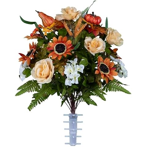 Sympathy Silks Artificial Cemetery Flowers – Realistic, Outdoor Grave Decorations - Non-Bleed Colors- Auburn Sunflower and Pumpkin Mix Bouquet for Cemetery-Vase Sold Separately Cover