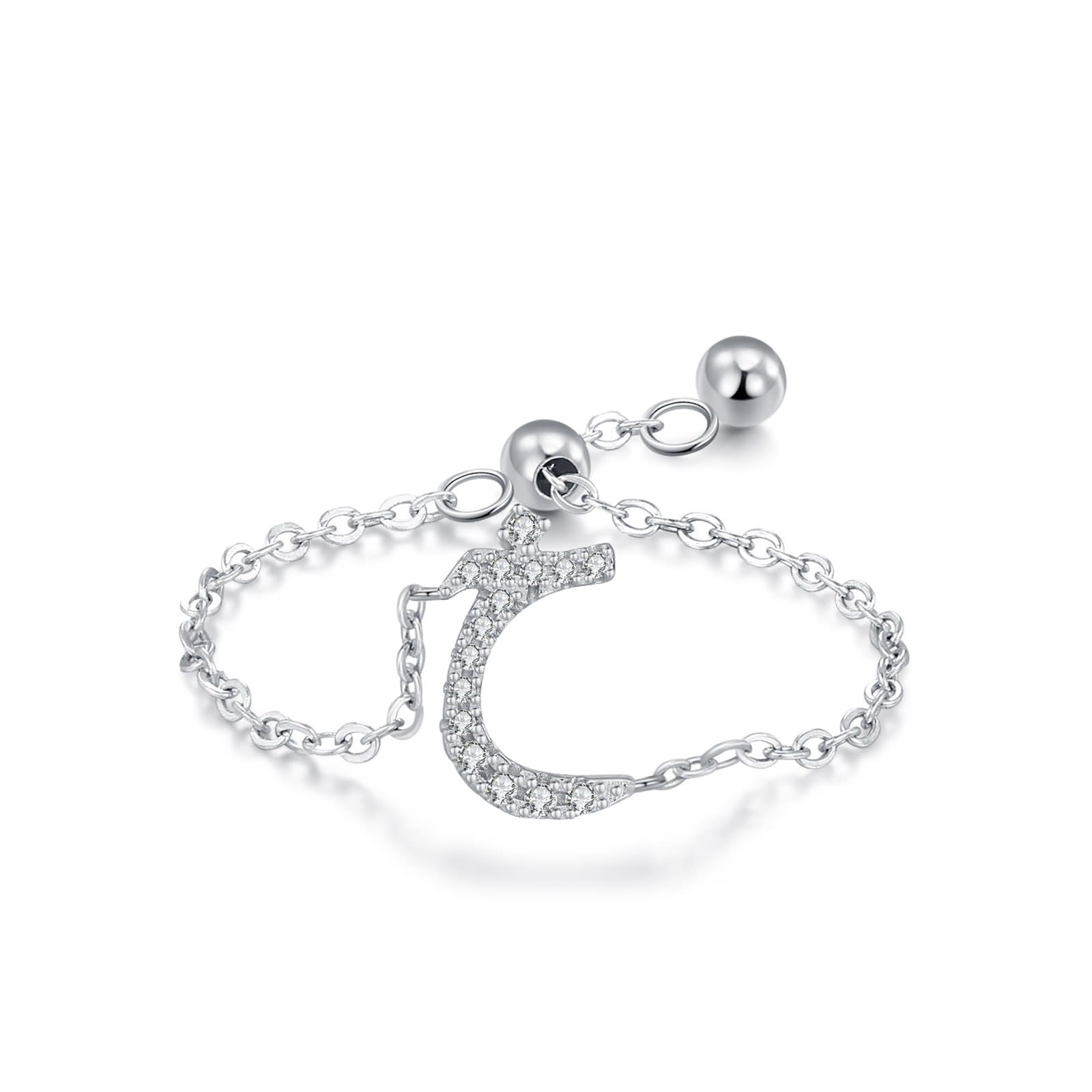 Anillo índice, anillos para mujer, cadena ajustable con diseño de alfabeto árabe y moissanite redondo, oro blanco de 9 quilates, talla 57 (18,1)