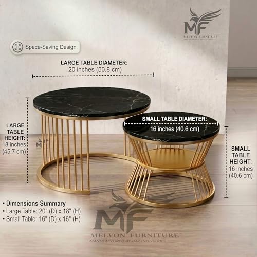 Image of MELVON Lightweight Nesting Coffee Table Set of 2, Golden Frame with Black Marble Look Engineered Wood Top, Round Center & Side Tables for Living Room
