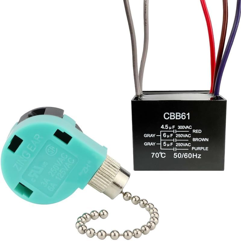 Ceiling Fan Switch 3 Speed 4 Wire, with Fan Capacitor CBB61 4.5uf + 6uf + 5uf 5 Wire 250V, Replacement of Fan Light Accessories,Nickel Chain