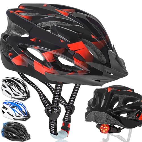 NXPZ Casco de Bicicleta para Adultos Unisex, con Iluminación LED 3 Modos, Extremadamente Ligero, Ajustable, Visera Desmontable, Ideal para MTB y Carretera, Talla 58 62 cm (Negro y Rojo, 1)