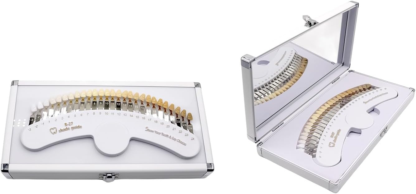 Professional 27 Color Tooth Bleaching Shade Chart with Case & Mirror, Accurate Tooth Whitening Shade Comparison Tool White Color