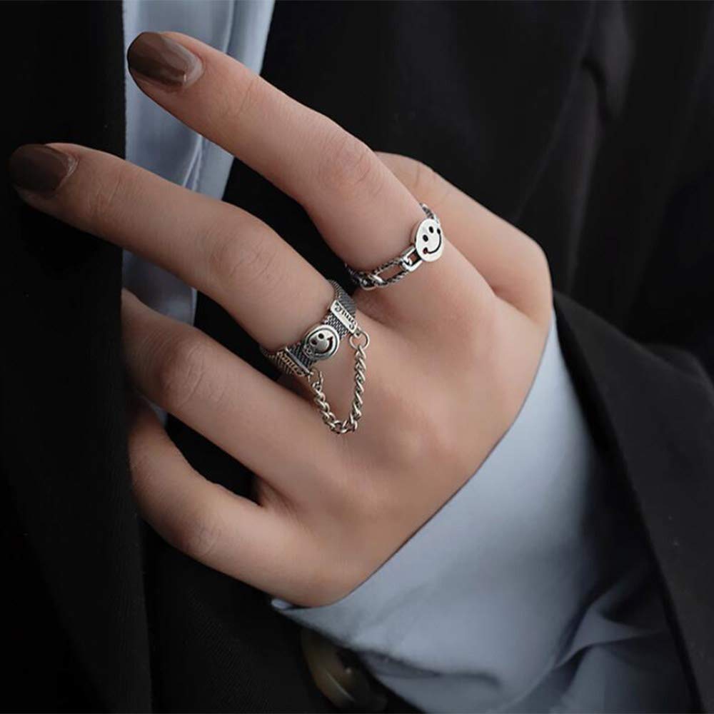 Aimimier Gothic S925 Knuckle Rings Set 2Pcs Smiley Finger Ring with Chain Tassel Half Open Midi Ring for Women or Men : Clothing, Shoes & Jewelry