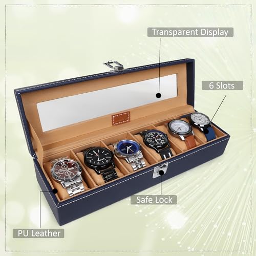 Image of LEDO Watch Box Organizer Case with 6 Slots, Transparent Display, PU Leather Exterior, Blue & Cream Velvet Interior, Metal Clasp Lock, Rectangular Storage Case for Men
