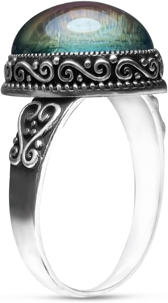 Womens Oval Temperature-Control Color Changing Crystal Ring,Retro 925 Sterling Silver Mystery Changeable Gemstone Boho Ring,Bohemian Statement Gem Stone Ring for Women