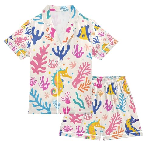 senya Colorful Funny Seahorses Satin Summer Pajama Sets Silk Short Sleeve Button Down Sleepwear