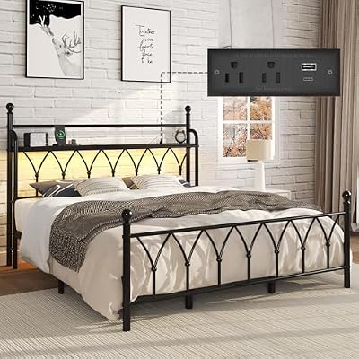 E-Ser King Size Metal Platform Bed Frame with Storage Headboard, Bed Frame with LED Light, Built in Charging Station, Heavy Duty Metal Slats, No Box Spring Needed, Noise-Free, Easy Assembly, Black