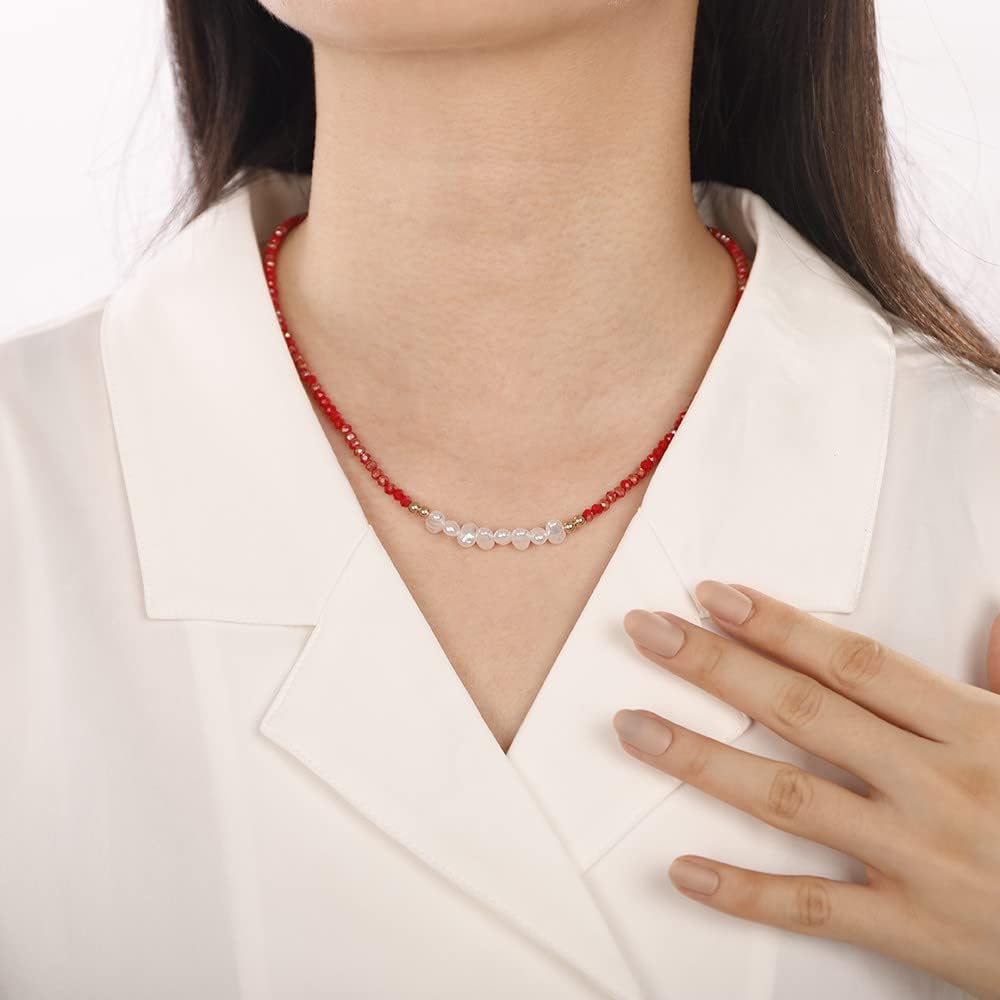 Jumwrit Beaded Necklace Bohemian Pearl Beaded Choker Necklace Tiny Beads Necklace for Women Cute Colorful Beads Necklace(Red) - Image 2