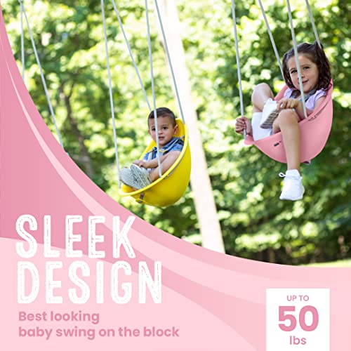 Image of Swurfer Coconut Toddler Swing - Comfy Baby Swing Outdoor, 3-Point Adjustable Safety Harness, Secure, Safe Quick Click Locking System, Blister-Free Rope, Easy Installation, Ages 6-36 Months, Rose Pink