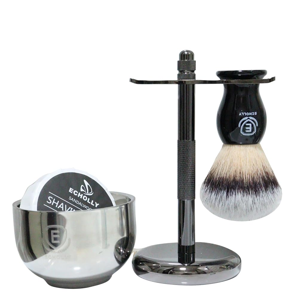 Set di pennelli da barba 4 in 1 di alta qualità, da uomo, include pennello da barba, sapone per crema da barba, ciotola in acciaio inox e supporto di sicurezza per rasatura da uomo, set regalo (nero)