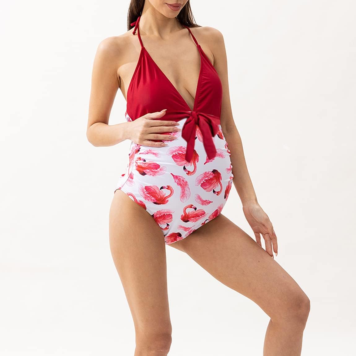 LANGWEI Maternity Bikini One Piece Swimsuit Sexy V Neck Ruched Tummy Pregnancy Bathing Suit Beachwear