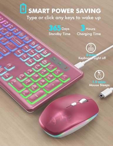 Image of Wireless Keyboard and Mouse Combo, RGB Backlit, Rechargeable & Light Up Letters, Full-Size, Soft Typing, Sleep Mode, 2.4GHz Quiet Keyboard Set for Mac, Windows, Laptop, PC, Trueque (Wine Red)