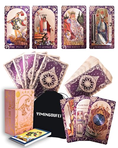 YIMINGOUFEI Baraja de Tarot Ryder Waite en Inglés con Lámina Dorada, 78 Cartas más 2 Tarjetas de Repuesto, Manual de Instrucciones, Diseño Holográfico