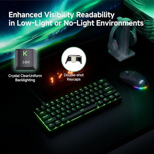Image of TMKB 60% Mechanical Gaming Keyboard, Red Linear Switch, LED Backlight, Anti-Ghosting, Detachable USB-C, Double-Shot Keycaps, 61 Keys, Wired, Black