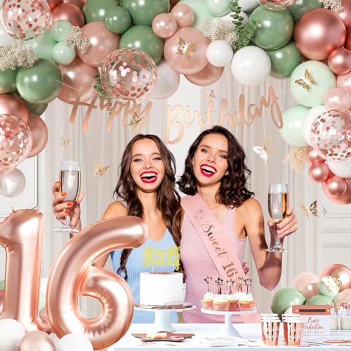 Décorations de fête Sweet 16 pour filles avec bannière « Happy Birthday », chiffre 16 et ballons, écharpe, décoration de gâteau pour 16e anniversaire (vert sauge) et or rose