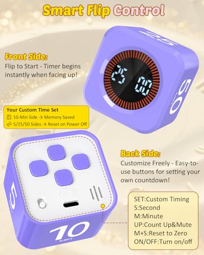 Image of Digital Pomodoro Timer Cube 5 /10 /25 /50min, Visual Productivity Flip Timer for Kids Classroom Desk, Custom Countdown, Silent and Sound Mode for ADHD Study Work Game Kitchen (Purple)