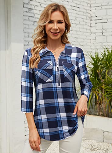 Bulotus Womens Business Casual Outfits For Work, Dressy Plaid Shirts For Women 3/4 Sleeve Tunic Tops Loose Fit Ladies Spring Tops And Blouses Fashion 2023 Collared Tunic Blouse, Blue Plaid, L #TOP2