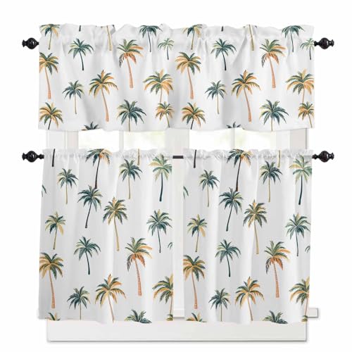 Palm Trees Kitchen Curtains 36 Inch Length, 3 Piece Rod Pocket Small Half Tiers and Valance Set, Watercolor Tropical Summer Botanical Small Large Window Treatment Decor for Bedroom/Bathroom Sink