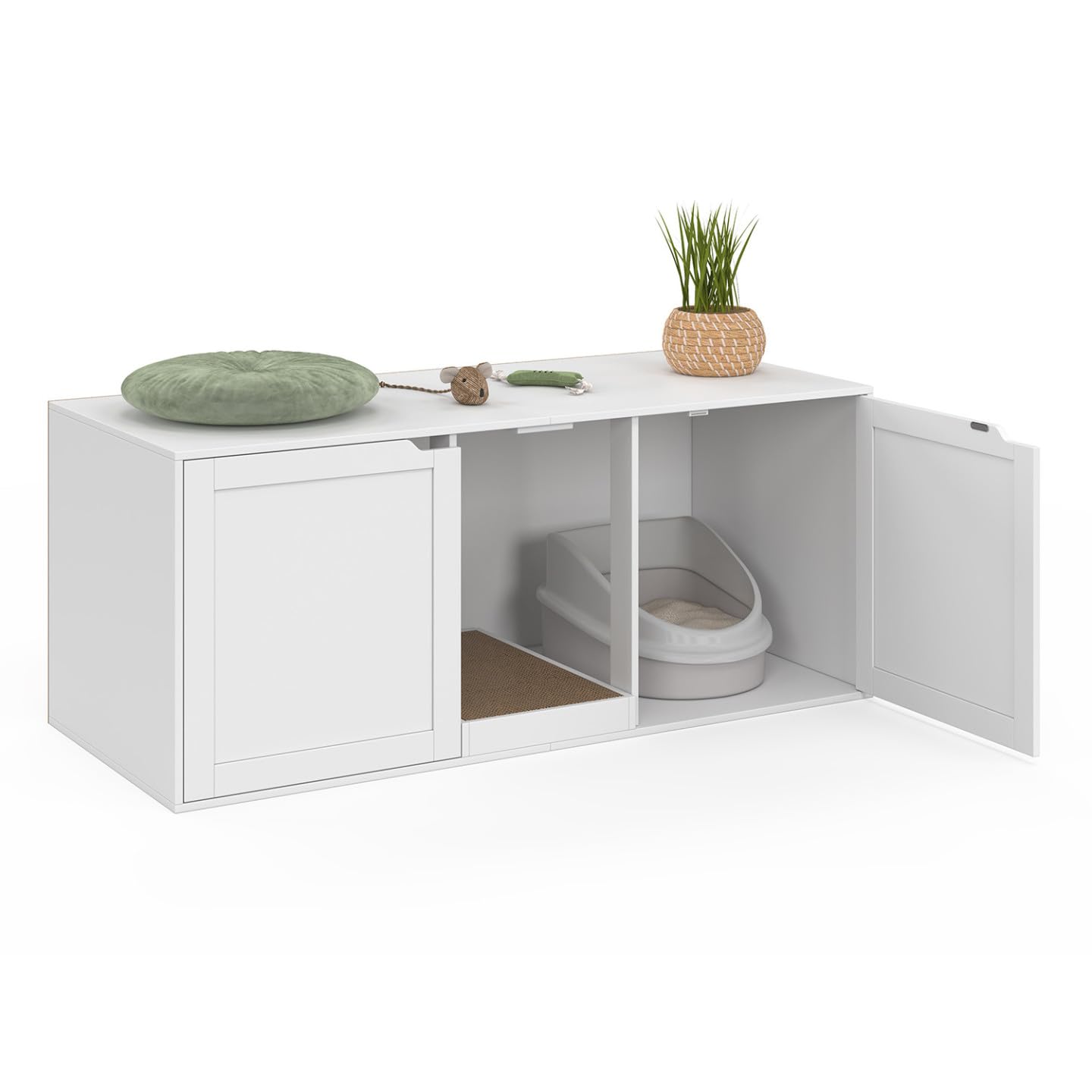 IDMarket - Maison de Toilette Chat XL Cache-​litière 2 Portes et griffoir Bois Blanc