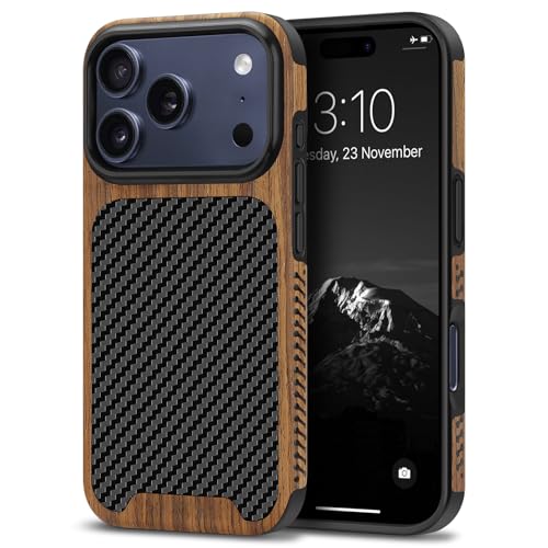 TENDLIN Funda Compatible con iPhone 17 Pro Madera con Carbono y Cuero Híbrido Carcasa Compatible con iPhone 17 Pro (Negro)
