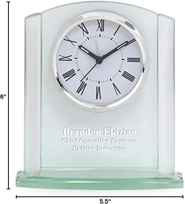 Executive Gift Shoppe | Arched Glass Personalized Desk Clock with Silver Accents and Custom Engraving
