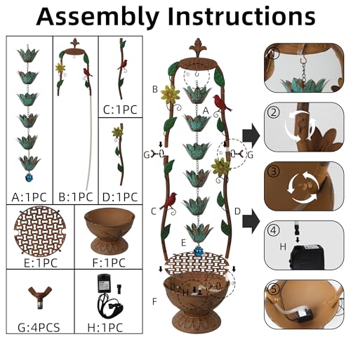Qipade 40.6" H Outdoor Tiered Water Fountain, Vintage Floor Standing Fountains with 6 Hanging Lotus Cups, Indoor Cascading Water Fountain Feature for Garden Yard Home Decor by Qipade - Image 9