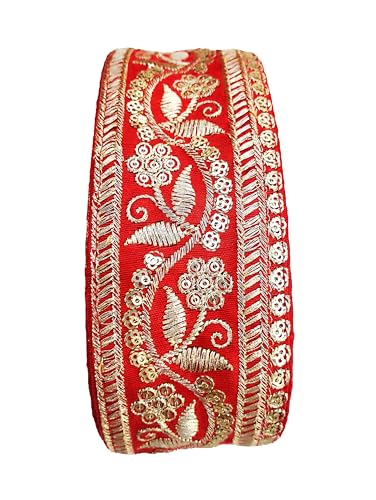 Image of Embroidery Gold Work with Sequence Design Lace Border Falls for Saree, Kurti, Dresses, Bandhani, Lehenga, Decorative Ribbon (6.5 cm Width) (3 Meter, Red)