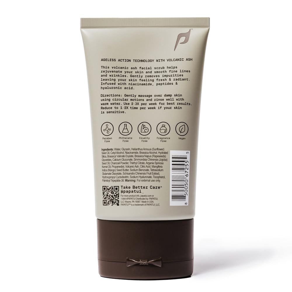 PAPATUI by Dwayne Johnson Men's Face Exfoliating Scrub, Unscented Facial Cleanser, Smooths Skin Texture, Fine Lines & Wrinkles, with Peptides, Volcanic Ash, Niacinamide & Hyaluronic Acid, 4 oz