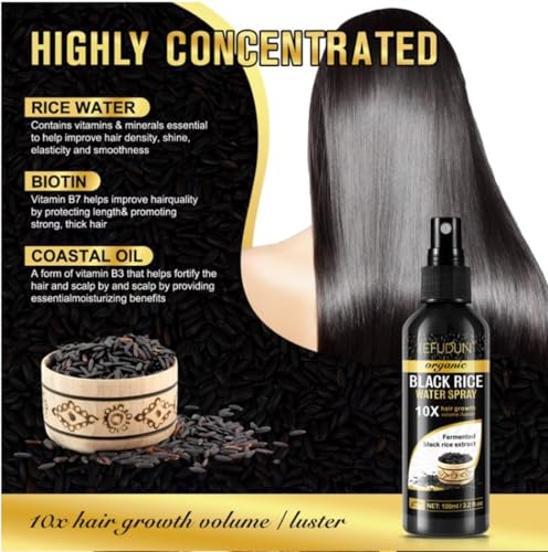 Image of Organic Black Rice Water Spray - 100ml | Rice Water Spray for Hair Growth with Castor Oil & Ginger Root Extract | Supports Thicker, Fuller Looking Hair & Damage Care