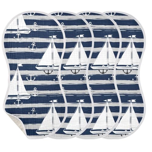 Muslin Burp Cloth for Baby 4PCS Sailboats Stripes Super Absorbent Burping Cloths, Bibs for Newborn Boys Girls