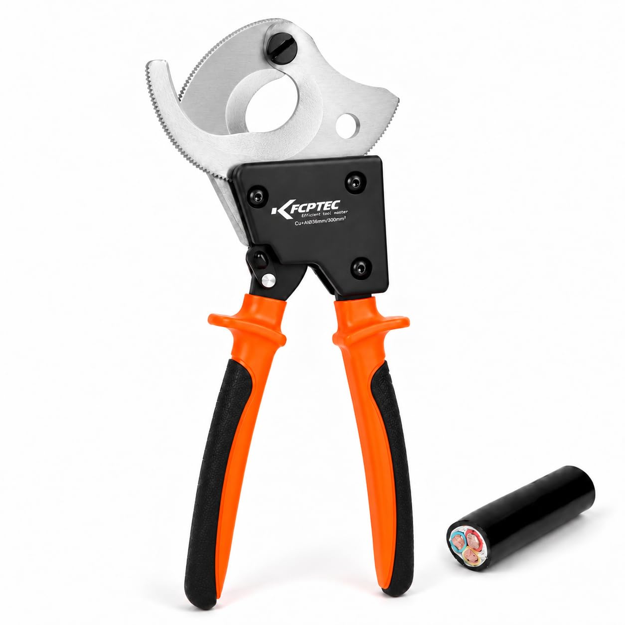 KF CPTEC 600 MCM/300 mm² Ratcheting Cable Cutter for Copper & Aluminum | High-Carbon-Steel Blade, Mid-Cut Release, Handle Lock, One-Hand Grip for Battery, Welding and Panel Work