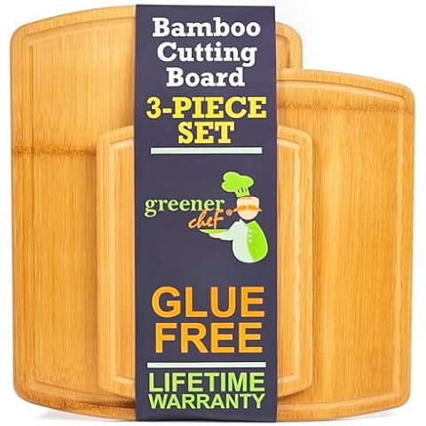 Greener Chef Safest No Glue Organic Bamboo Cutting Board Set of 3 – 62% More Cutting Area - Lifetime Replacements, Family-Friendly Wooden Cutting Boards for Kitchen - Wooden Cutting Board Set Cover