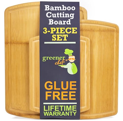 Greener Chef Safest No Glue Organic Bamboo Cutting Board Set of 3 – 62% More Cutting Area - Lifetime Replacements, Family-Friendly Wooden Cutting Boards for Kitchen - Wooden Cutting Board Set